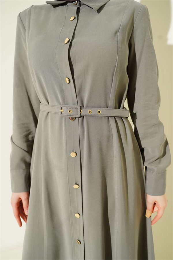 Button-Down Belted Tencel Dress in Khaki