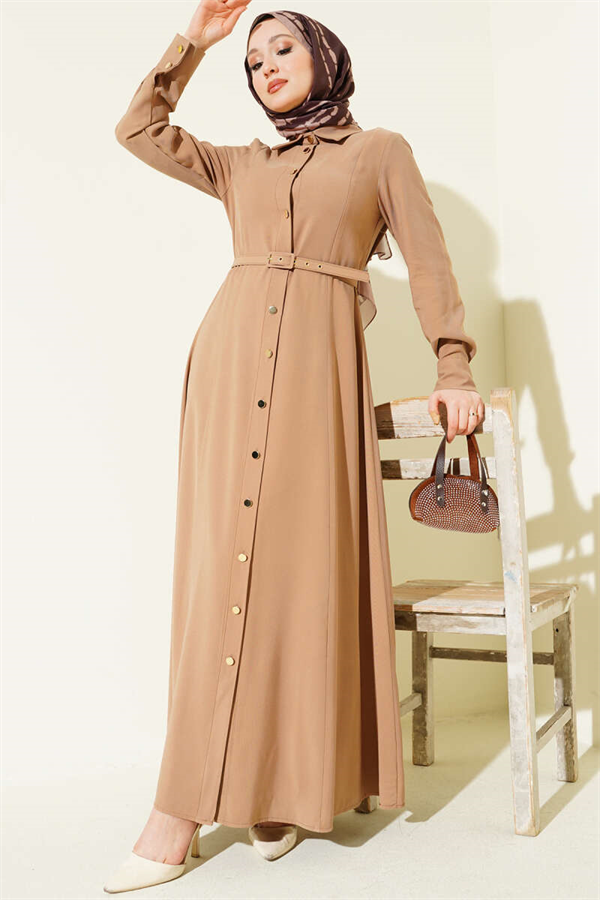 Full-Length Buttoned Belted Tencel Dress Latte