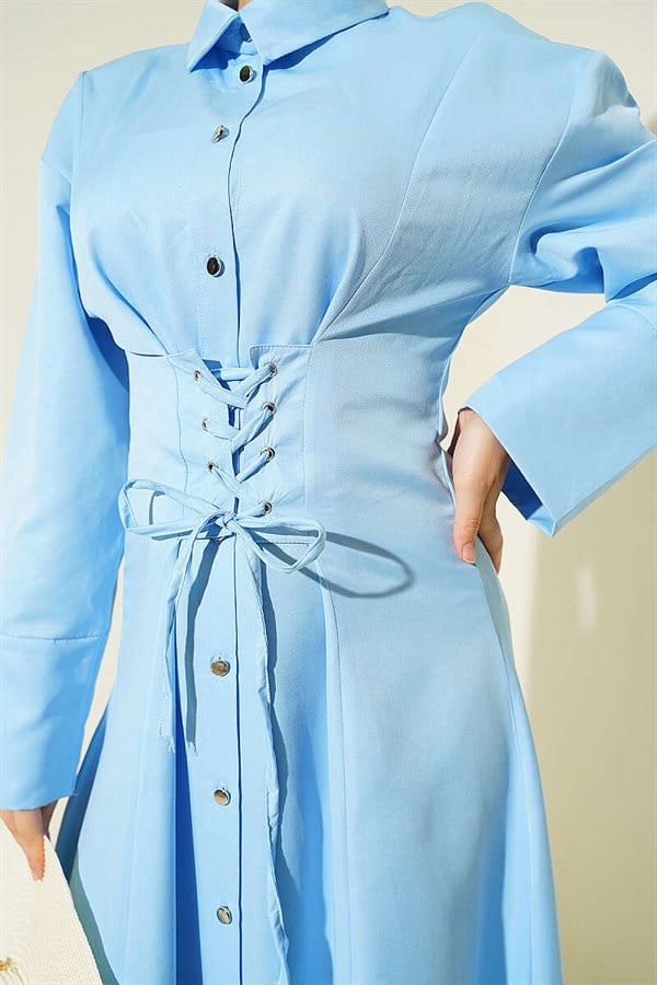 Full-Length Button-Down Corset Detail Dress, Baby Blue