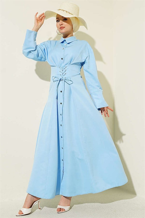 Full-Length Button-Down Corset Detail Dress, Baby Blue