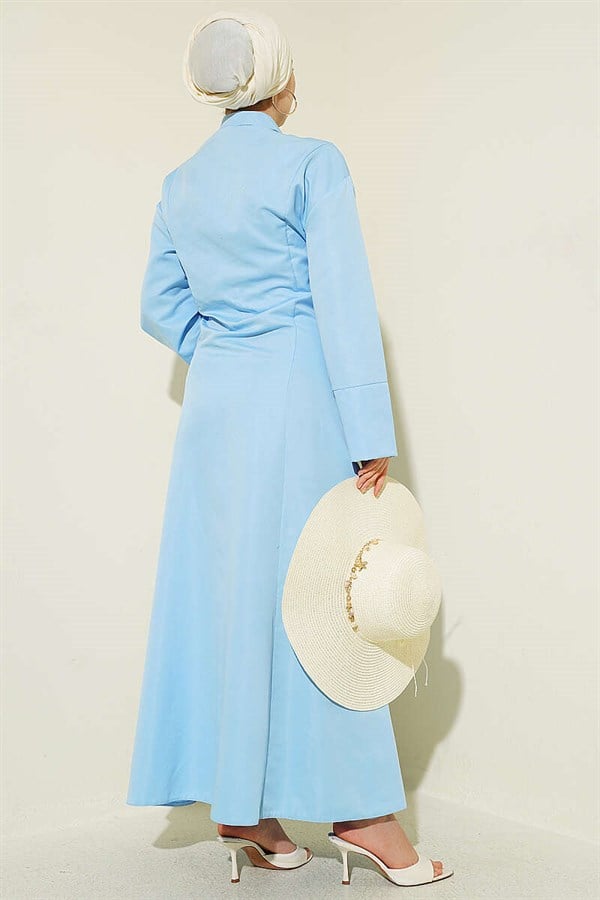 Full-Length Button-Down Corset Detail Dress, Baby Blue