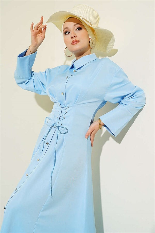 Full-Length Button-Down Corset Detail Dress, Baby Blue