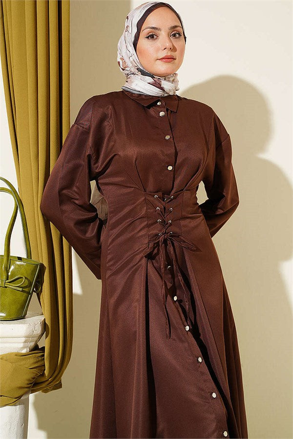 Full-Length Buttoned Corset Detail Dress, Brown