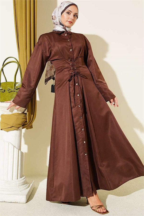 Full-Length Buttoned Corset Detail Dress, Brown