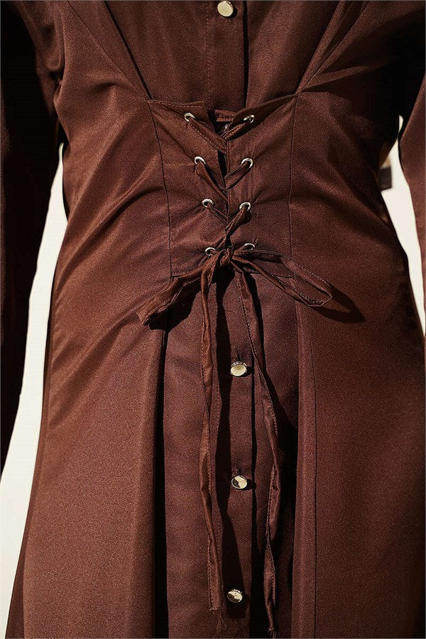 Full-Length Buttoned Corset Detail Dress, Brown