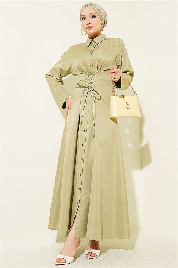 Full-Length Buttoned Corset Detail Dress, Dark Green