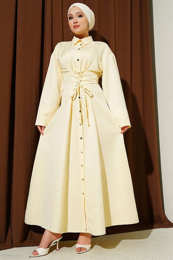 Full-Length Buttoned Corset Detail Dress, Yellow