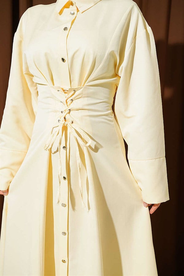 Full-Length Buttoned Corset Detail Dress, Yellow