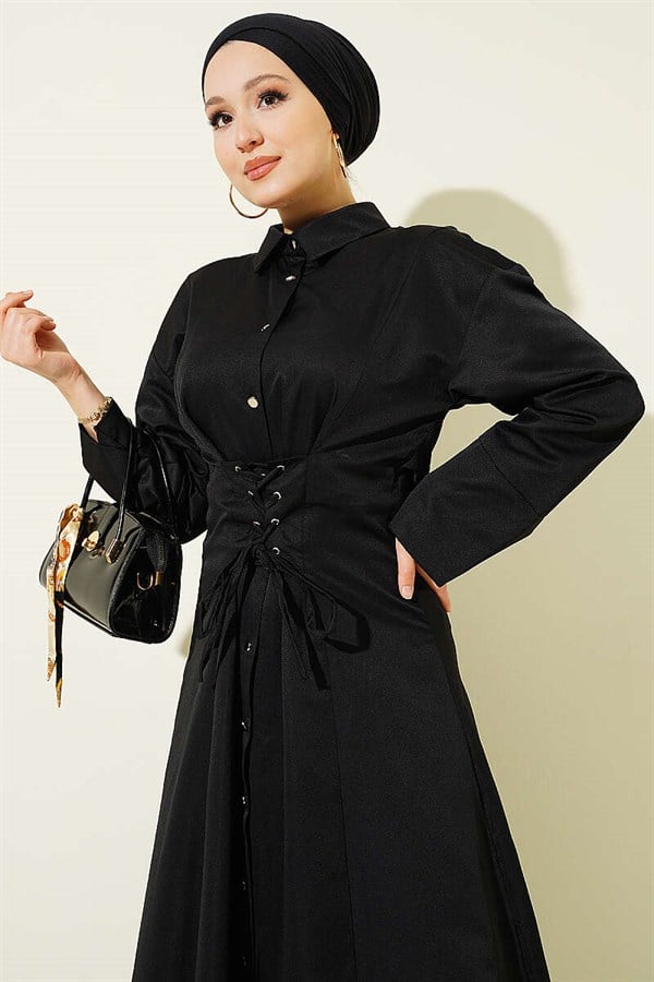 Button-down corset-detailed dress, black.