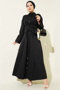 Button-down corset-detailed dress, black.