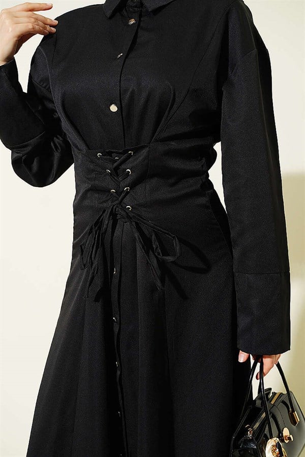 Button-down corset-detailed dress, black.