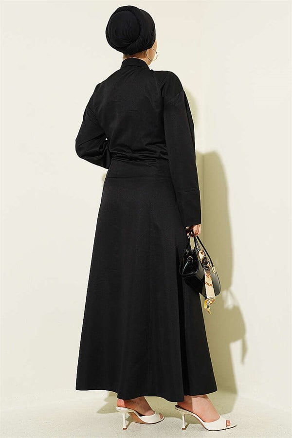 Button-down corset-detailed dress, black.