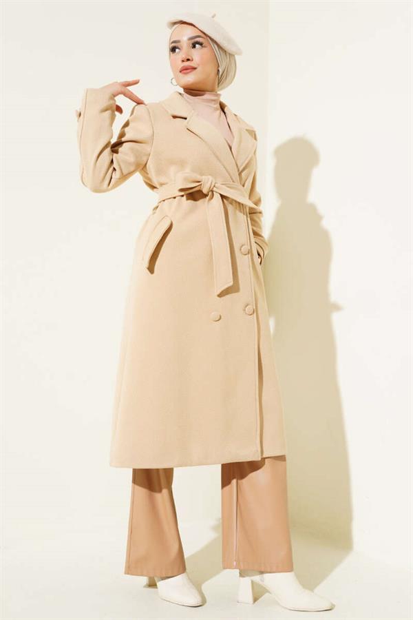 Buttoned Double Breasted Cashmere Coat Beige
