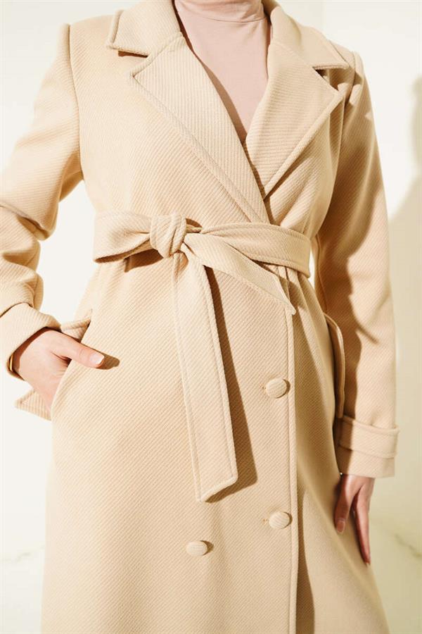 Buttoned Double Breasted Cashmere Coat Beige