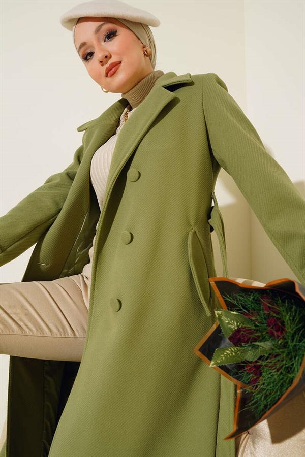 Buttoned Double Breasted Collar Cashmere Coat Almond Green