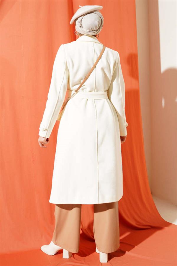 Buttoned Double Breasted Collar Cashmere Coat Ecru