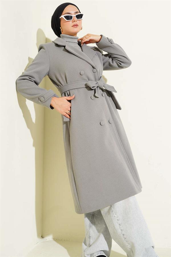 Double-breasted Button-down Collar Cashmere Coat in Gray
