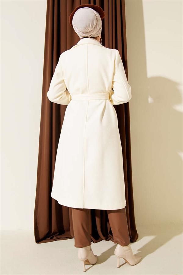 Full-Length Button-Down Double-Breasted Cashmere Coat, Cream