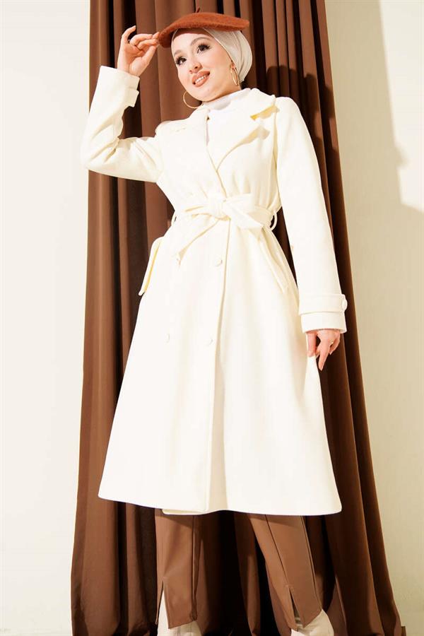 Full-Length Button-Down Double-Breasted Cashmere Coat, Cream