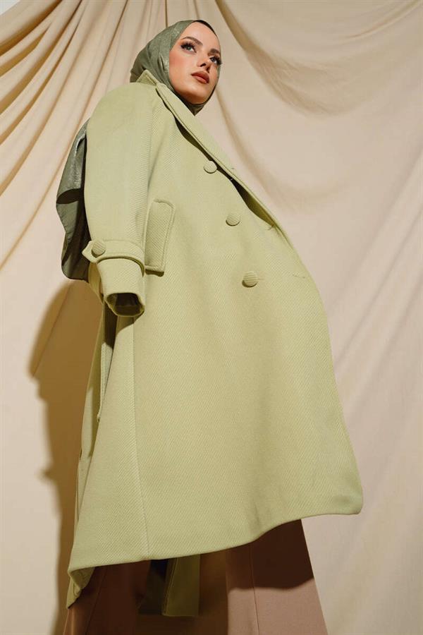 Buttoned Double Breasted Collar Cashmere Coat Water Green