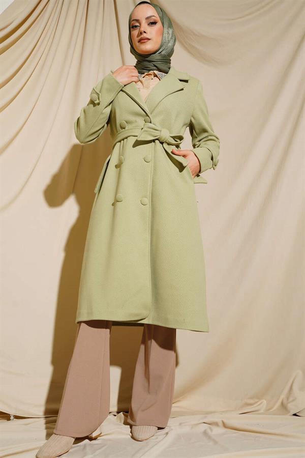 Buttoned Double Breasted Collar Cashmere Coat Water Green