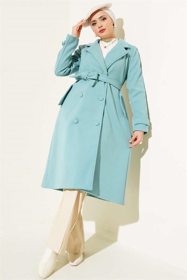Buttoned Double Breasted Cashmere Coat Turquoise