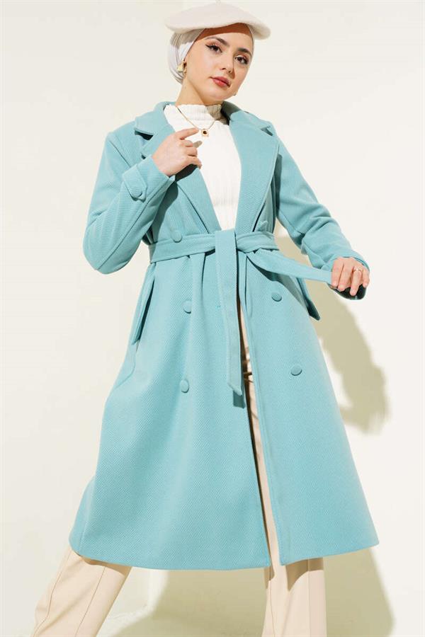 Buttoned Double Breasted Cashmere Coat Turquoise