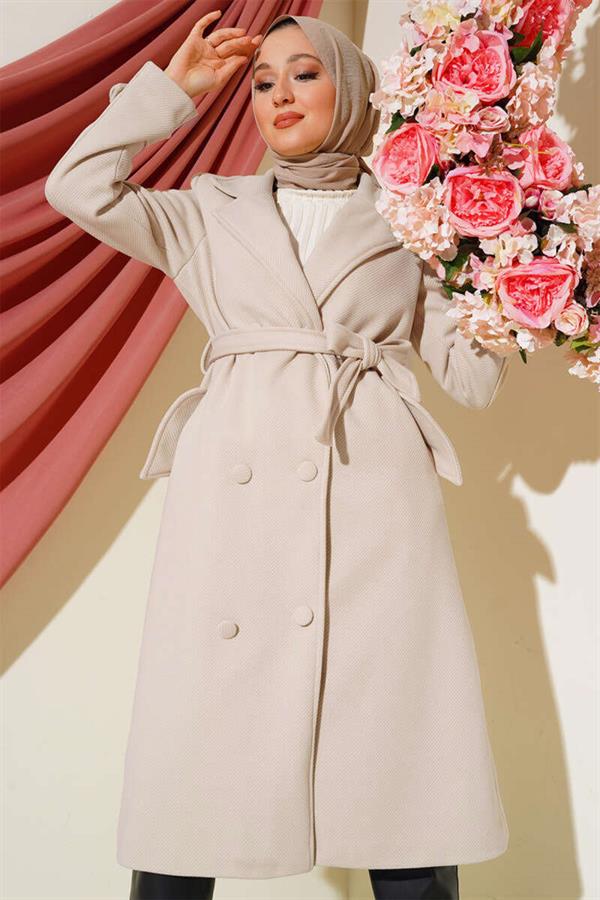 Buttoned Double Breasted Cashmere Coat with Stone