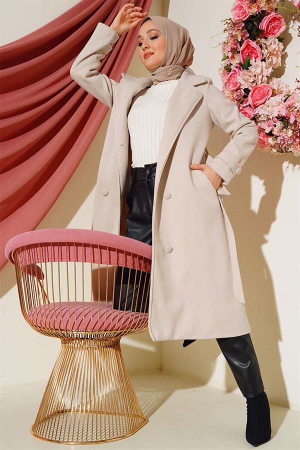 Buttoned Double Breasted Cashmere Coat with Stone