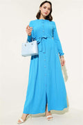 Buttoned Belted Basic Dress Blue