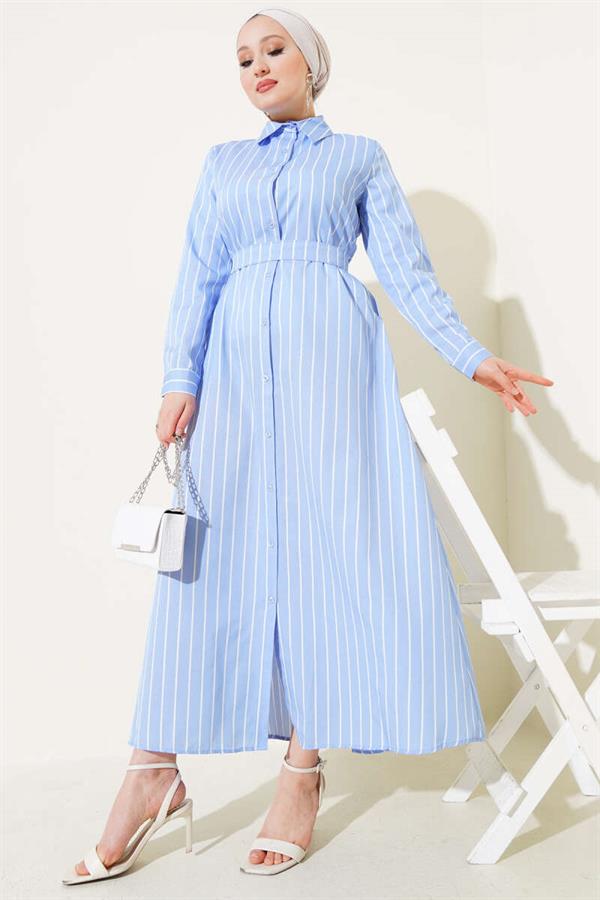 Buttoned Belted Striped Dress Ice Blue