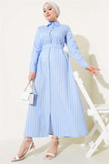 Buttoned Belted Striped Dress Ice Blue