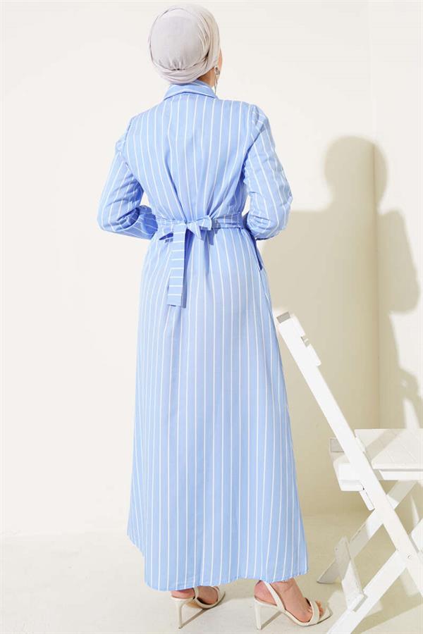 Buttoned Belted Striped Dress Ice Blue