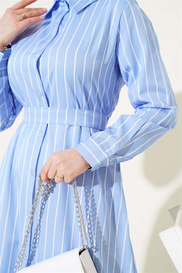 Buttoned Belted Striped Dress Ice Blue