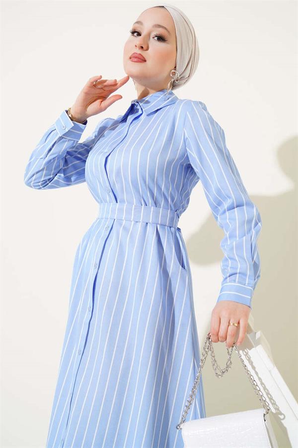 Buttoned Belted Striped Dress Ice Blue