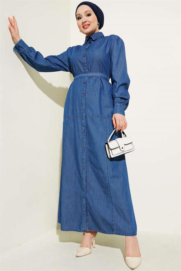 Buttoned Belted Shirt Collar Dress Dark Blue