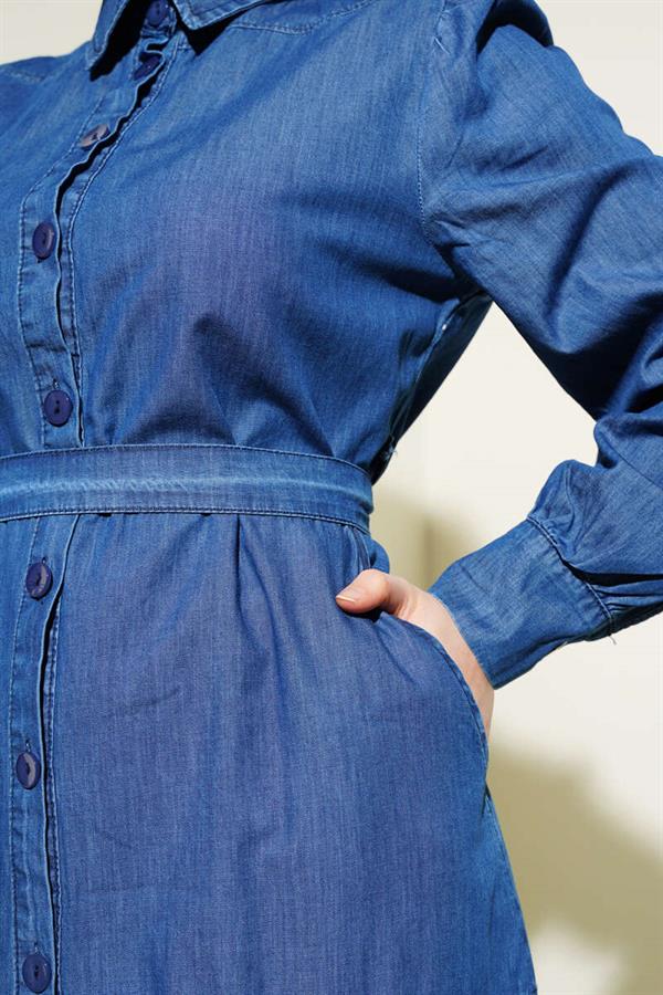 Buttoned Belted Shirt Collar Dress Dark Blue