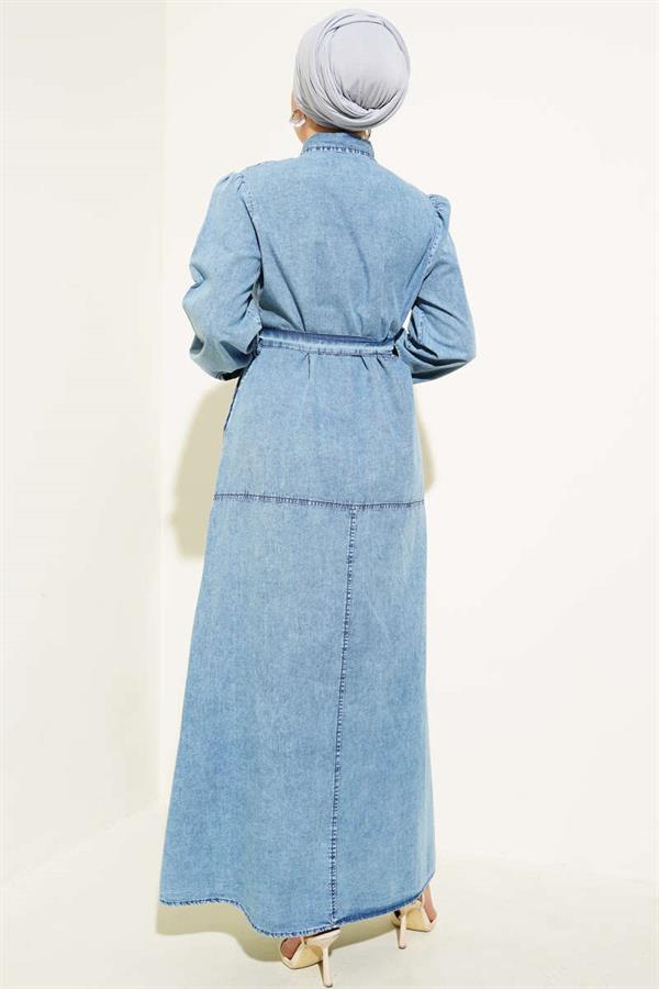 Button Down Belted Shirt Collar Dress Denim Blue