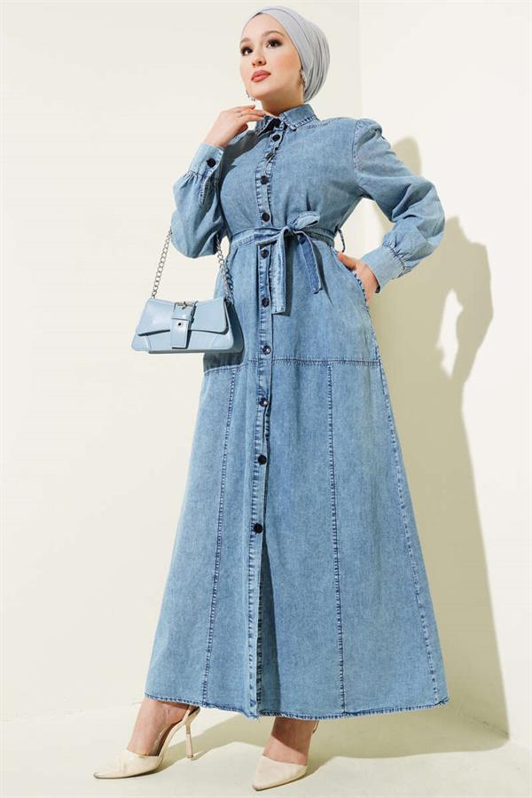 Button Down Belted Shirt Collar Dress Denim Blue