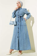 Button Down Belted Shirt Collar Dress Denim Blue