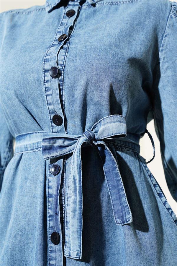 Button Down Belted Shirt Collar Dress Denim Blue