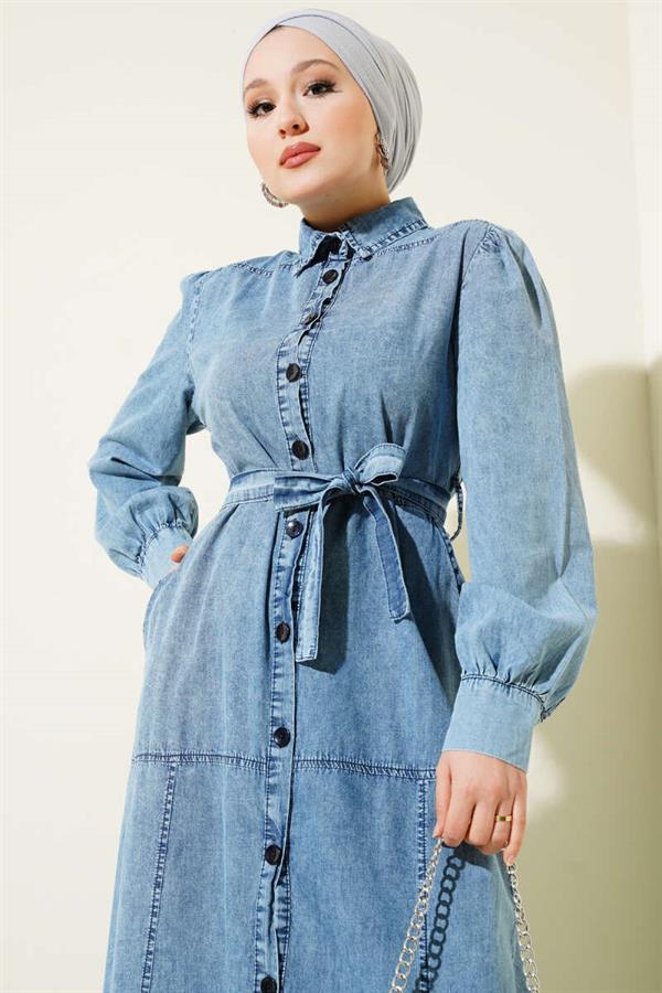 Button Down Belted Shirt Collar Dress Denim Blue
