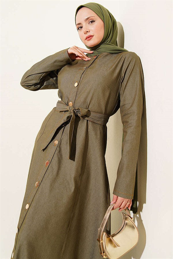 Button-down belted denim dress in khaki.