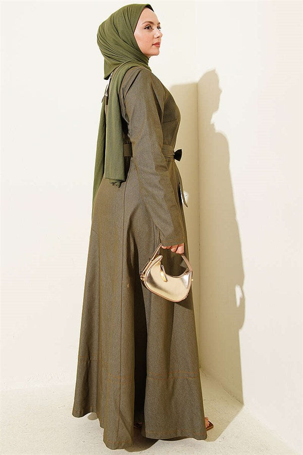 Button-down belted denim dress in khaki.