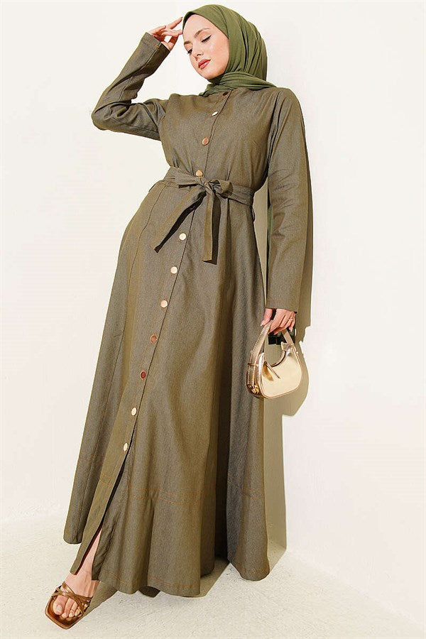 Button-down belted denim dress in khaki.