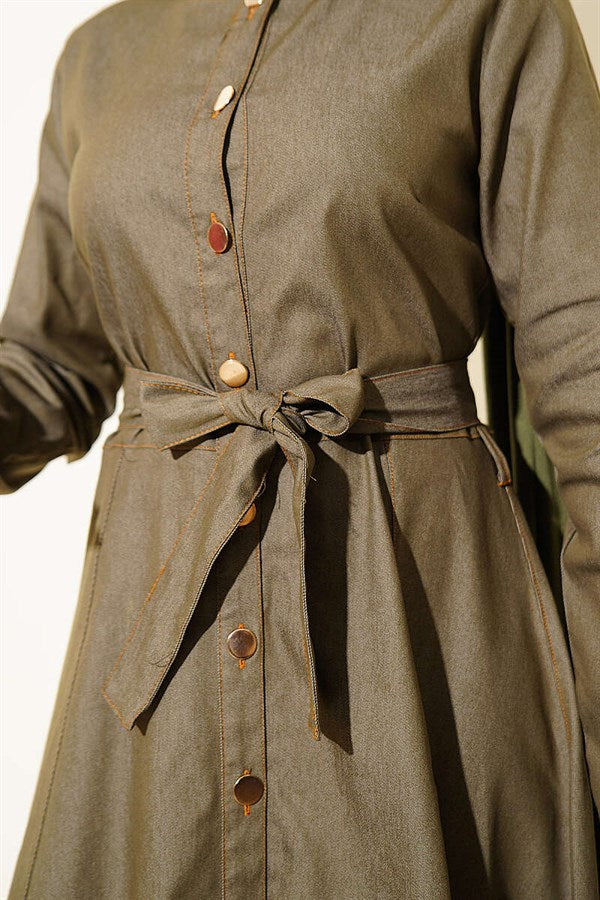 Button-down belted denim dress in khaki.
