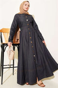 Button-down belted denim dress, navy blue.