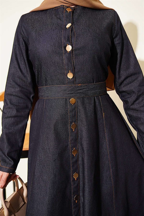 Button-down belted denim dress, navy blue.