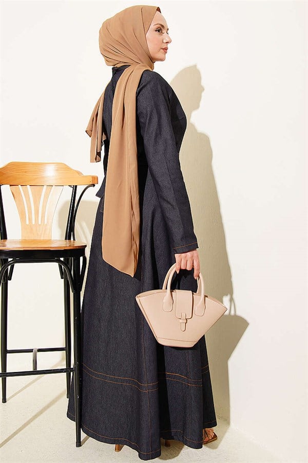 Button-down belted denim dress, navy blue.