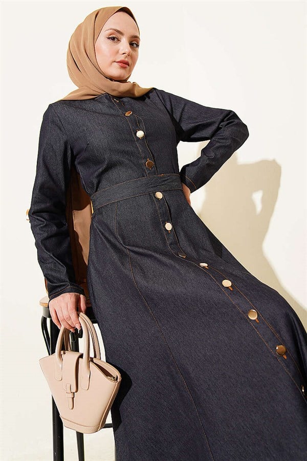 Button-down belted denim dress, navy blue.